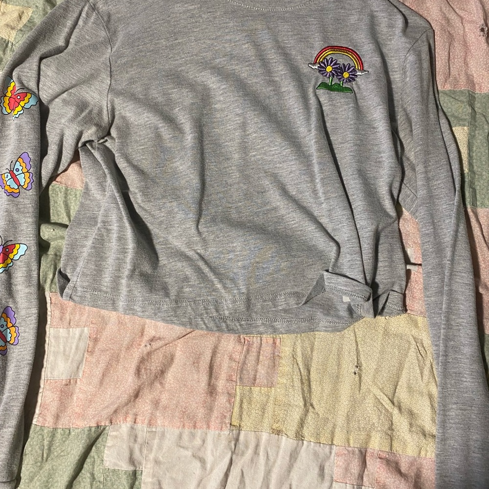 Girls' Gray Long Sleeve Tee with Rainbow & Butterfly Embroidered Details